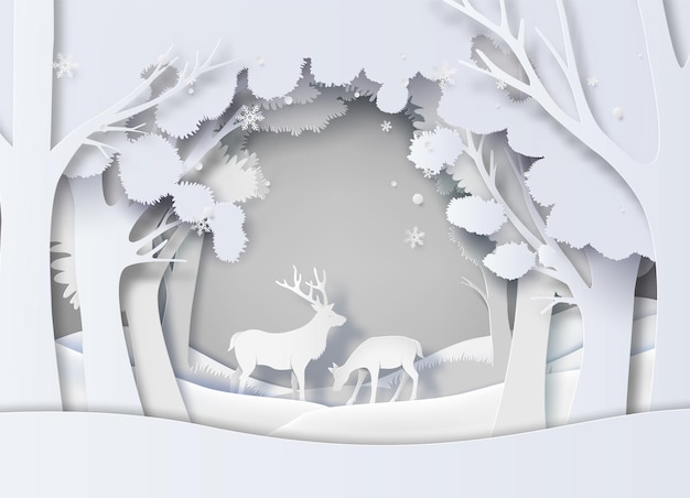 Vecteur cerf en forêt avec style art papier snow.vector.