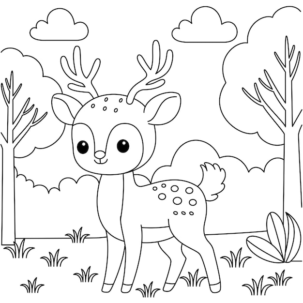 Vecteur le cerf kawaii mignon dans la forêt à l'arrière-plan personnage de dessin animé page de coloriage illustration vectorielle