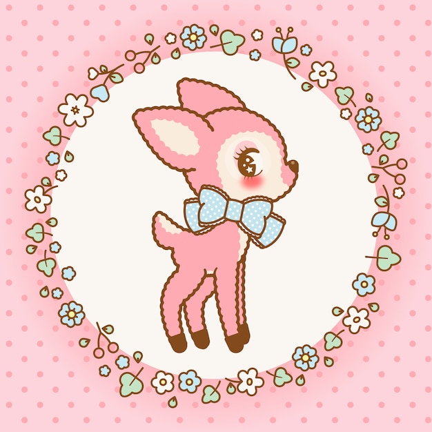 Cerf Kawaii Rose Mignon Avec Cadre De Fleurs