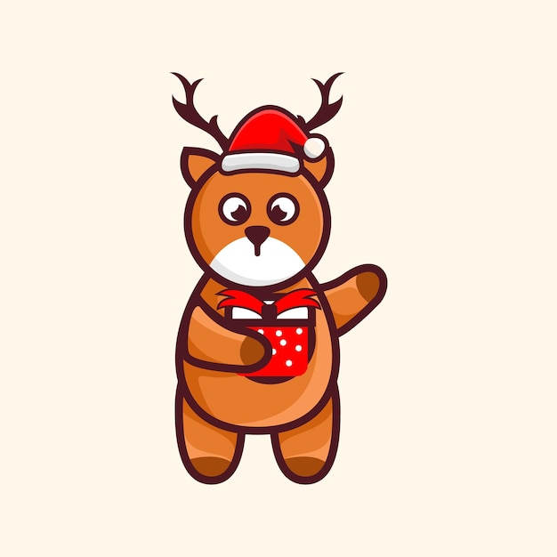 Cerf mignon avec chapeau de Noël et conception d'illustration de dessin animé de caractère cadeau