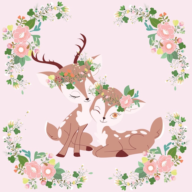 Cerf Mignon Couple En Dessin Animé Cadre Floral.