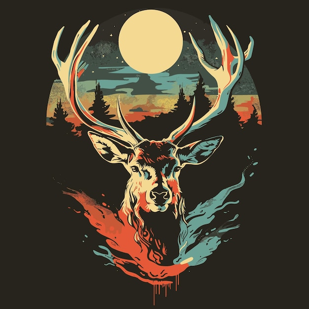 Vecteur cerf la nuit sous la lune dans la forêt illustration vectorielle pour l'impression sur un t-shirt