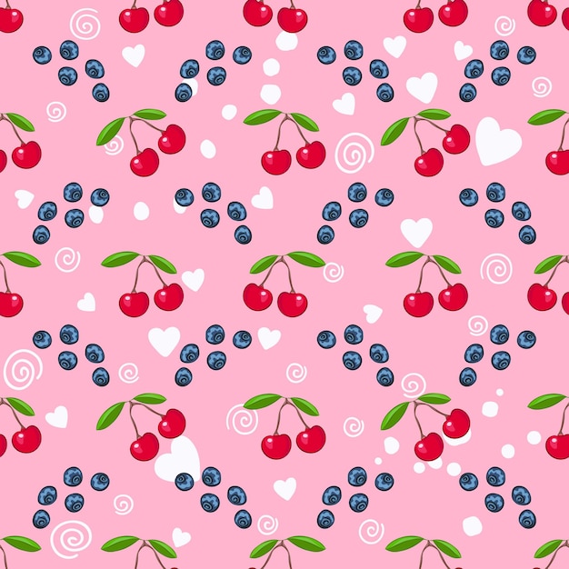 Cerise Fraîche Et Myrtille, Coeur Blanc Sur Le Modèle Sans Couture De Vecteur De Fond Rose. Baie Sucrée Pour Emballage Ou Textile.