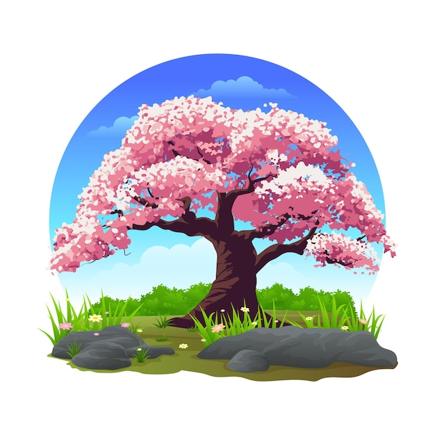 Vecteur cerisiers sur une petite île avec une illustration vectorielle luxuriante d'herbe verte
