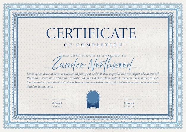 Vecteur certificat ou diplôme dans le style vintage et les couleurs bleues conception des bordures du cadre illustration vectorielle