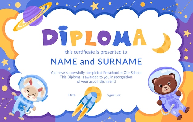 Certificat de diplôme scolaire ou préscolaire mignon pour les enfants avec des astronautes de lapin et d'ours dans un espace ouvert