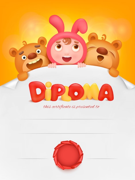 Certificat De Modèle De Diplôme Avec élève Fille Et Ours En Peluche.