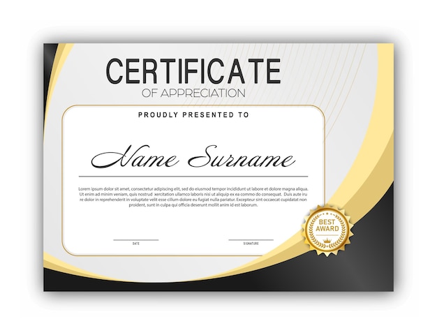 Certificat Le modèle du formulaire avec le badge de récompense Design moderne pour confirmer la formation et le développement professionnel