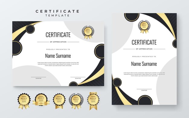 Certificat noir et or de modèle d'entreprise Certificat moderne propre avec badge doré Templeton de bordure de certificat avec motif de ligne luxueux et moderne