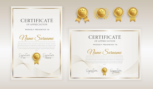 Vecteur certificat de reconnaissance de luxe abstrait blanc et or reconnaissance insigne et bordure de ligne ondulée or dans un modèle a4