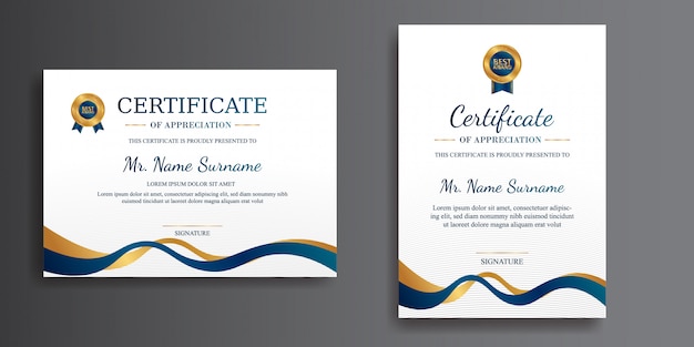 Certificat Simple En Bleu Et Or Avec Modèle De Badge En Or Pour Document De Diplôme