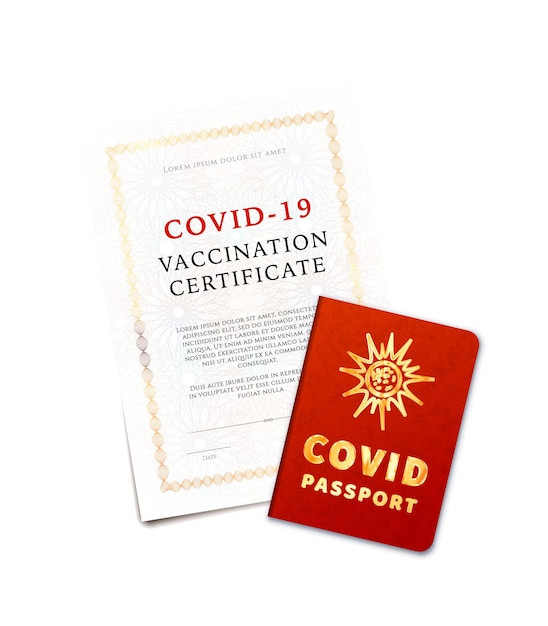 Vecteur certificat de vaccination covid-19 et passeport sur blanc