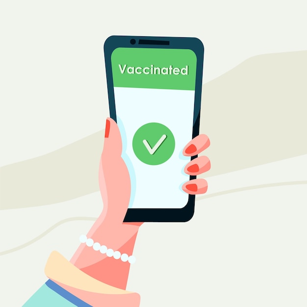 Certificat De Vaccination Sur écran De Téléphone Portable Avec Code Qr Et Coche De Passage Vacciné. Application De Passeport De Santé Avec Suivi En Ligne Des Infections à Coronavirus Immunisées. Illustration Vectorielle Design Plat.