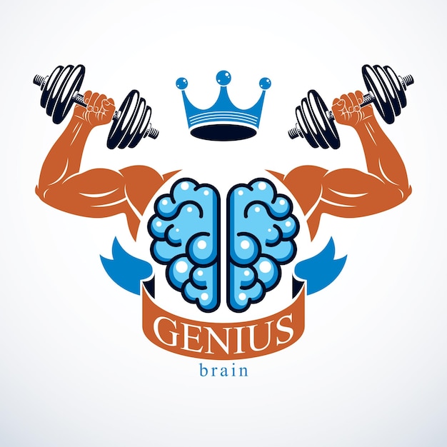 Cerveau avec de fortes mains biceps de bodybuilder. Emblème Power Brain, concept de génie. Entraînement cérébral, augmenter le QI, la santé mentale.