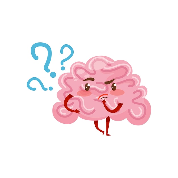 Vecteur cerveau humanisé rose avec expression faciale pensive organe humain personnage de dessin animé drôle élément graphique pour application mobile ou réseau social design vectoriel plat coloré isolé sur fond blanc