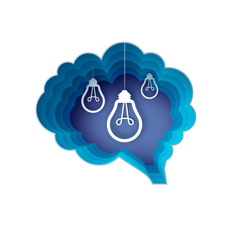 Vecteur cerveau et lampes lumineuses. ampoule dans un style artisanal en papier. ampoule électrique origami pour la créativité, le démarrage, le brainstorming, les affaires. cadre bleu en forme de cerveau. idée. .