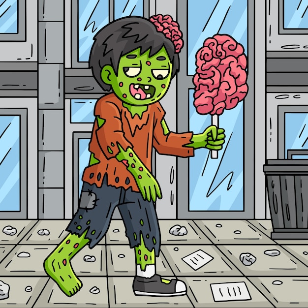 Vecteur cet extrait de dessin animé montre un cerveau mangé par un zombie sur une illustration de bâton