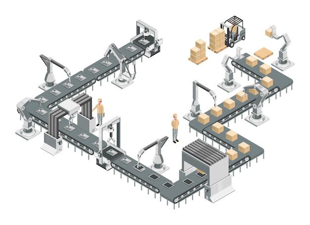 Vecteur chaîne d'assemblage robotique dans une usine automatisée système de convoyeur et bras robotisés vecteur isométrique