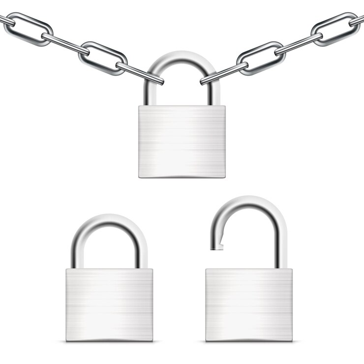 Vecteur chaîne en métal avec cadenas fermés et ouverts
