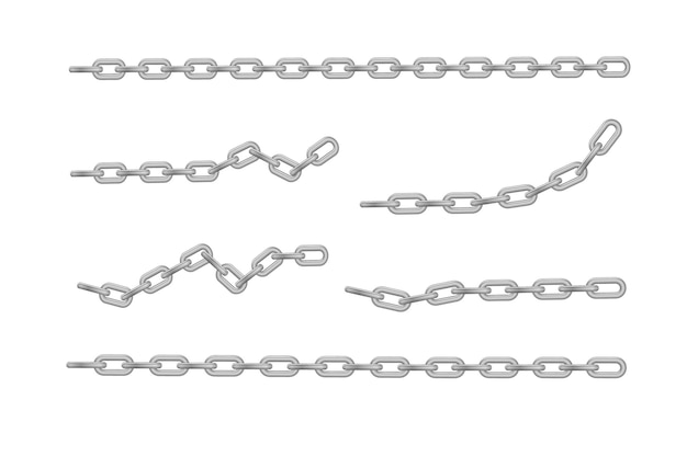 Vecteur chaîne métallique libre avec des liens en chrome d'acier entier ou cassé collection de chaînes métalliques sans couture colorées