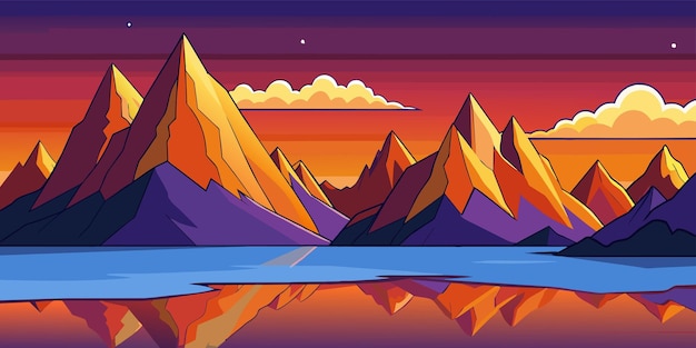 Vecteur la chaîne de montagnes reflète et le coucher de soleil paisible peint la beauté de la nature sur le désert montagneux