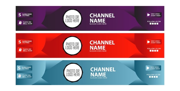 Vecteur chaîne youtube bannière horizontale avec trois combinaisons de couleurs différentes red purple et aqua soc