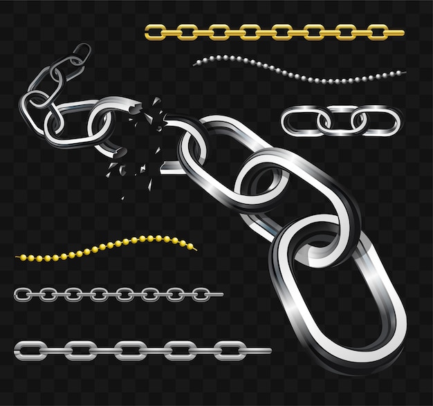 Chaînes - clipart isolé réaliste de vecteur moderne sur fond transparent. Ensemble de maillons cassés ou argentés brillants et dorés. Notion de connexion