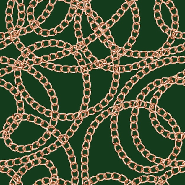 Des chaînes métalliques dorées sur un fond vert foncé Motif vectoriel de bijoux sans couture vintage