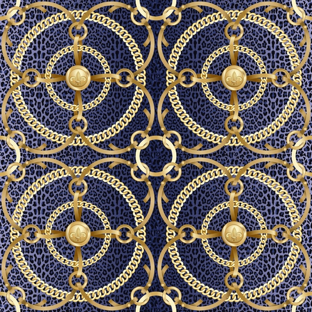 Chaînes Rondes Dorées Et Motif Sans Couture De Ruban Sur Fond Léopard Bleu Pour Les Impressions Textiles