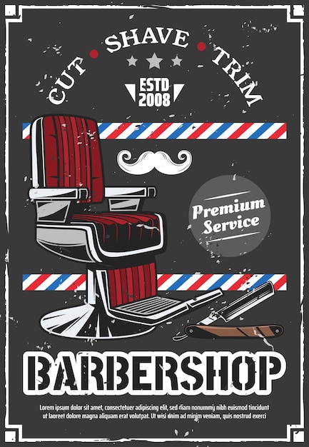 Vecteur chaise de barbier et affiche rétro de rasoir de rasage