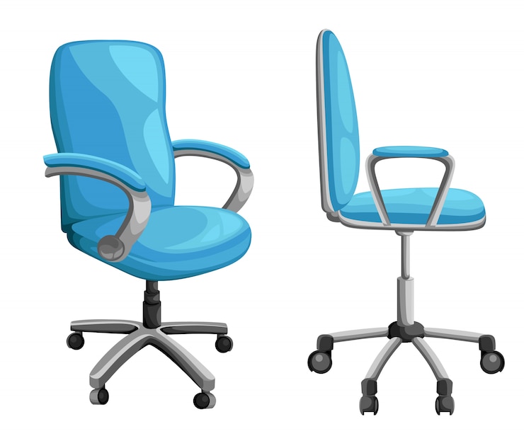 Vecteur chaise de bureau ou de bureau dans différents points de vue. fauteuil ou tabouret devant, dos, angles latéraux. icône de meubles d'entreprise à roulettes. illustration.