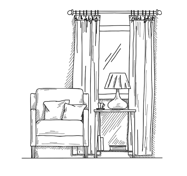 Chaise, Bureau, Fenêtre Dessinés à La Main. Sur La Table Se Trouve Un Vase Avec Une Lampe. Illustration Dans Le Style De Croquis.