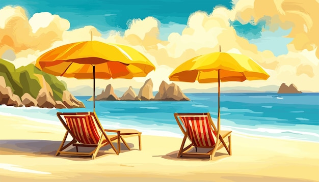 Vecteur chaise longue jaune avec un parapluie sur la plage tropicale au bord de la mer sur le fond du ciel avec