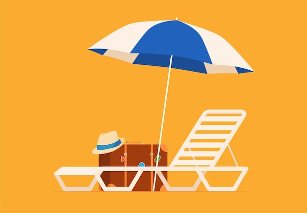 Vecteur chaise longue de plage avec parasol vacances d'été sur une plage de sable bonnes vacances chaudes illustration vectorielle