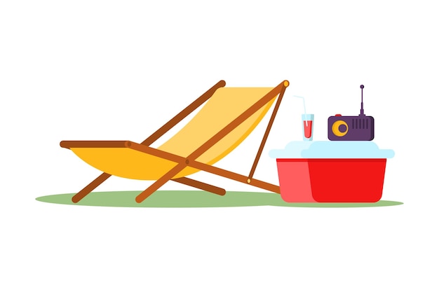 Vecteur chaise longue en tissu jaune avec réfrigérateur portable boisson cocktail d'été et récepteur de musique illustration vectorielle plate. siège de chaise hamac, lit de bronzage vide en bois pour le camping ou la détente à la plage