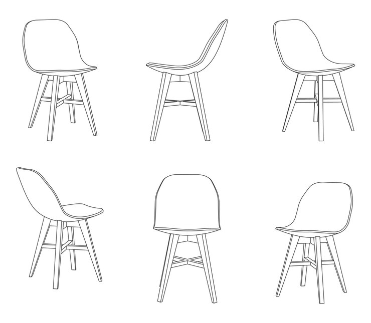 Vecteur chaise moderne de vecteur avec différentes vues contour illustration