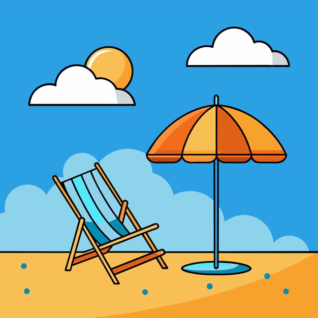 Vecteur chaise de plage paysage vacances d'été chaises de vacances parapluies dessinés à la main plats élégants