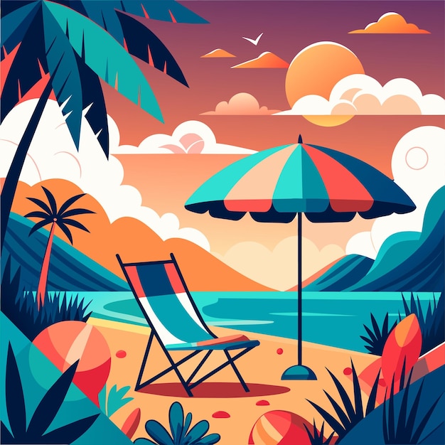 Vecteur chaise de plage paysage vacances d'été chaises de vacances parapluies dessinés à la main plats élégants