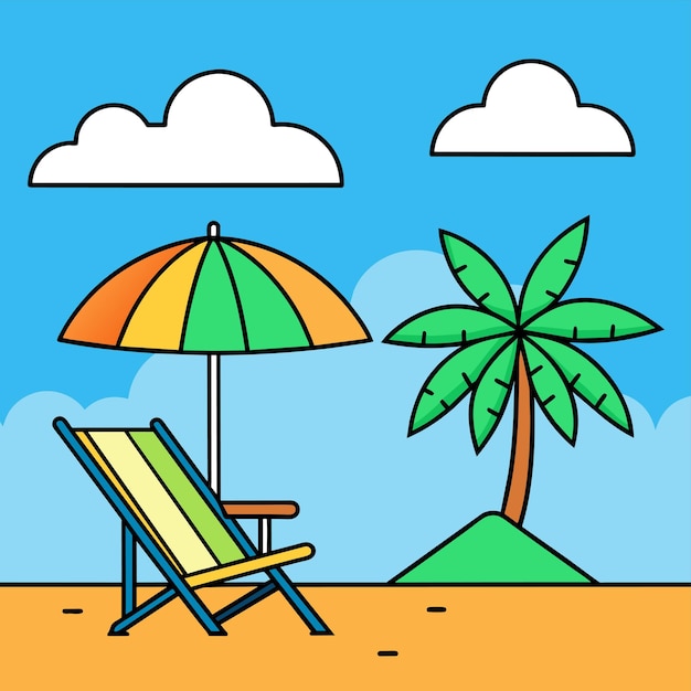 Vecteur chaise de plage paysage vacances d'été chaises de vacances parapluies dessinés à la main plats élégants