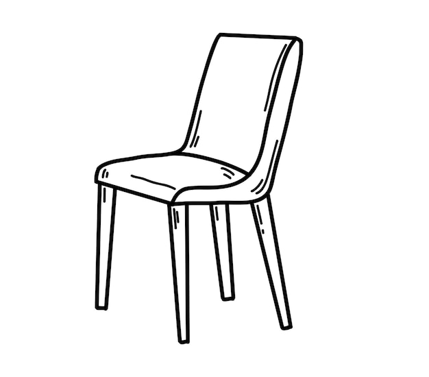 Chaise rembourrée en bois de verre dessinée à la main sur quatre pieds dans un croquis de style doodle en noir et blanc