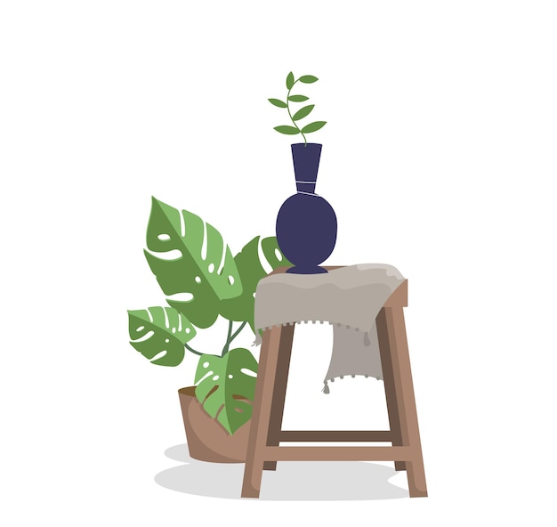 Vecteur une chaise et un vase avec une fleur dans le style bohème. objets en bois. un objet d'intérieur.