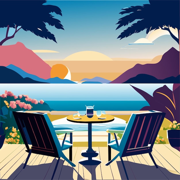 Vecteur chaises et cocktail sur la terrasse au bord de la mer ou du lac avec des montagnes à l'horizon vacances d'été à la plage
