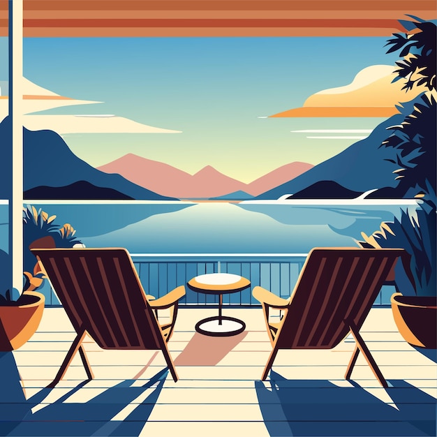 Vecteur chaises et cocktail sur la terrasse au bord de la mer ou du lac avec des montagnes à l'horizon vacances d'été à la plage