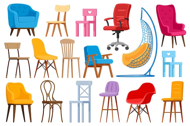 Vecteur chaises de dessin animé. chaises et fauteuils modernes à la maison ou au bureau, ensemble d'illustration d'éléments de mobilier d'intérieur