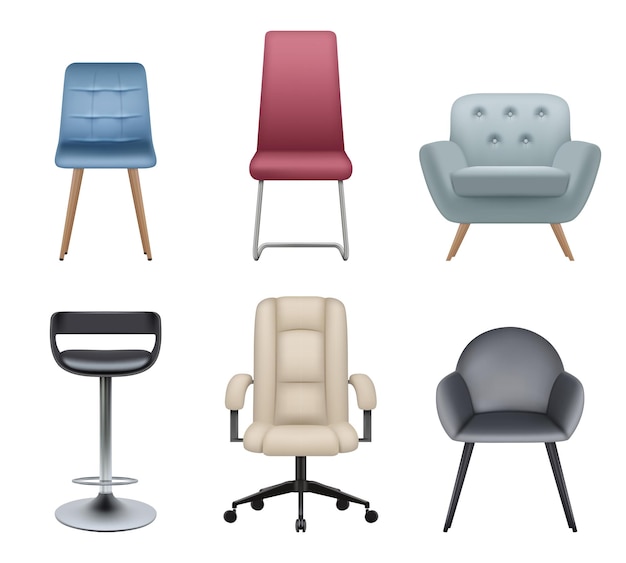 Vecteur chaises de luxe mobilier de bureau moderne et réaliste fauteuils hauts confortables en bois et en acier décoration 3d objets d'intérieur chaises vectorielles décentes pour chambre