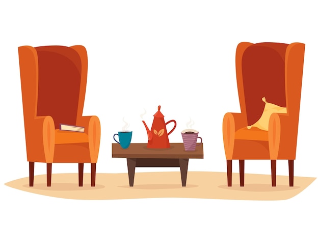 Chaises Et Table Avec Des Tasses De Thé Ou De Café Théière Oreiller Et Livre Télévision Cartoon Style Vector Illu