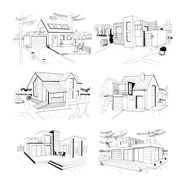 Chalet Dessiné à La Main. Maisons Résidentielles Privées Modernes. Ensemble D'illustrations De Croquis.