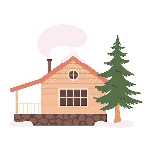 Chalet D'hiver En Bois De Forêt Scandinave Illustration Vectorielle