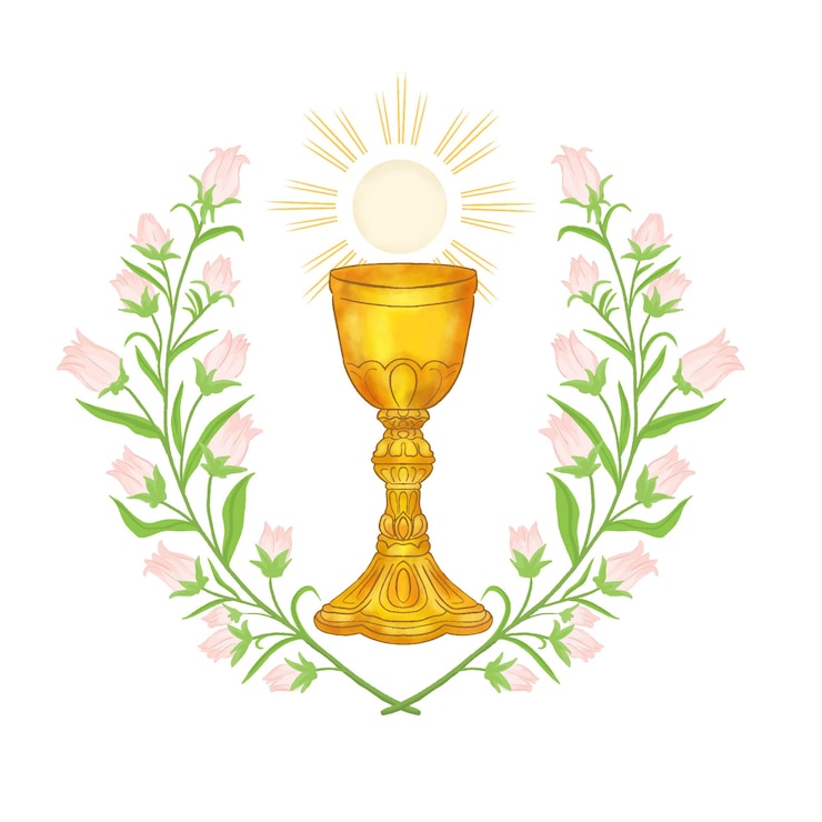 Vecteur chalice avec pain et raisins carte de la première communion