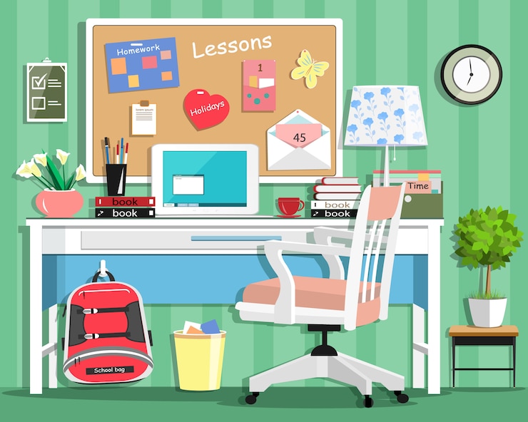 Vecteur chambre d'adolescent moderne et cool avec lieu de travail: table, chaise, planche, lampe, sac d'école, ordinateur portable, papeterie et livres. illustration de style plat